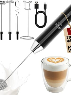 Zulay Kitchen Rechargeable Milk Frother Handheld - Frother Wand, Drink Mixer, Electric Whisk Frother, for Cappuccinos, Matcha & Protein Powder - Lux 4 Whisk 2 Speed Waterproof 2000mAh Alpha Black