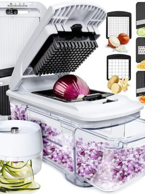 Fullstar XL Vegetable Chopper & Mandoline Slicer – Vegetable, Onion, Potato, Food, Veggie & Fruit Slicer, Dicer & Spiralizer with Pull-Out Catch Tray, Kitchen Gadgets & Gifts (6 in 1, Black/White)