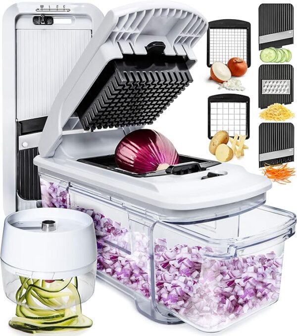 Fullstar XL Vegetable Chopper & Mandoline Slicer – Vegetable, Onion, Potato, Food, Veggie & Fruit Slicer, Dicer & Spiralizer with Pull-Out Catch Tray, Kitchen Gadgets & Gifts (6 in 1, Black/White)