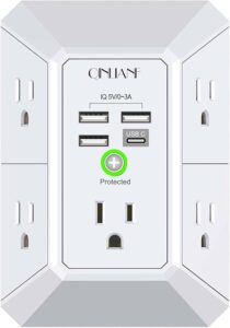Wall Charger, Surge Protector, QINLIANF 5 Outlet Extender with 4 USB Ports | 1680 Joules, 3-Sided Power Strip, Multi Plug Wall Outlet Adapter Spaced for Home Travel Office, White
