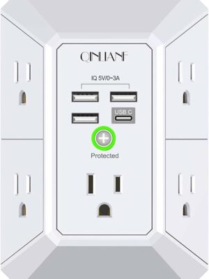 Wall Charger, Surge Protector, QINLIANF 5 Outlet Extender with 4 USB Ports | 1680 Joules, 3-Sided Power Strip, Multi Plug Wall Outlet Adapter Spaced for Home Travel Office, White