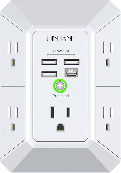 Wall Charger, Surge Protector, QINLIANF 5 Outlet Extender with 4 USB Ports | 1680 Joules, 3-Sided Power Strip, Multi Plug Wall Outlet Adapter Spaced for Home Travel Office, White