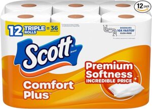 Scott ComfortPlus Toilet Paper, 12 Triple Rolls, 231 Sheets per Roll, Septic-Safe, 1-Ply Toilet Tissue