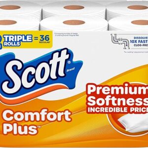Scott ComfortPlus Toilet Paper, 12 Triple Rolls, 231 Sheets per Roll, Septic-Safe, 1-Ply Toilet Tissue