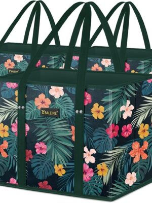 BALEINE 3PK Reusable Grocery Bags, Heavy Duty Shopping Tote Bag | 12'' Long Handles, Reinforced Bottom Keeps Upright, Fold Flat Storage, Water-Resistant Shopping Bag, Multiple Color Options