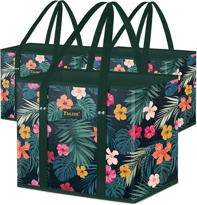 BALEINE 3PK Reusable Grocery Bags, Heavy Duty Shopping Tote Bag | 12'' Long Handles, Reinforced Bottom Keeps Upright, Fold Flat Storage, Water-Resistant Shopping Bag, Multiple Color Options