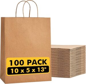 RACETOP Large Brown Kraft Paper Bags 100 Pack 10x5x13 in with Handles | Recycled Kraft Paper, Reinforced Handles, Tear-Resistant, for Grocery, Retail, Birthday, Wedding, Business, Eco-Friendly