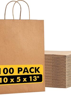 RACETOP Large Brown Kraft Paper Bags 100 Pack 10x5x13 in with Handles | Recycled Kraft Paper, Reinforced Handles, Tear-Resistant, for Grocery, Retail, Birthday, Wedding, Business, Eco-Friendly