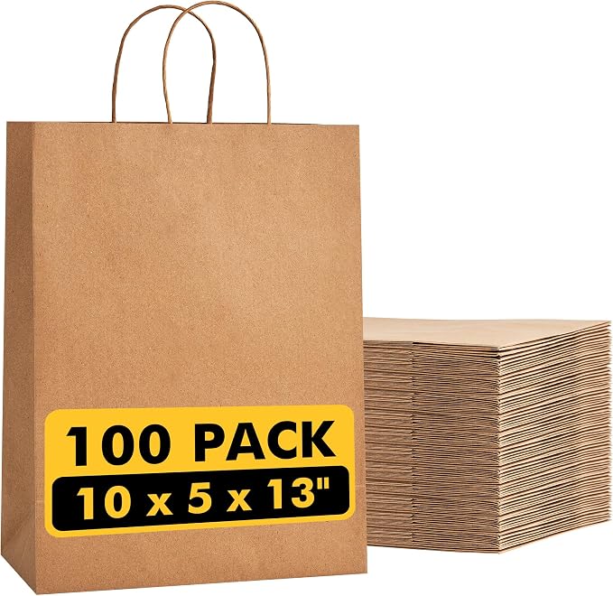 RACETOP Large Brown Kraft Paper Bags 100 Pack 10x5x13 in with Handles | Recycled Kraft Paper, Reinforced Handles, Tear-Resistant, for Grocery, Retail, Birthday, Wedding, Business, Eco-Friendly