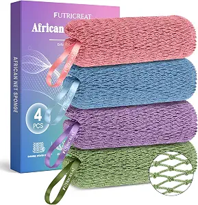 4 Pack African Net Sponge Authentic, Exfoliating Washcloth, Body & Back Scrubber, Better Than Traditional Loofahs, Perfect for Daily Shower & Travel, Pink, Blue, Purple & Green