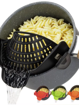 Heat-Resistant Silicone Clip-On Strainer for Pots/Pans - Collapsible Drain Colander for Pasta, Veggies, Fruits - Kitchen Too