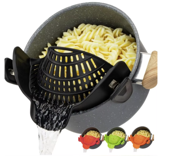 Heat-Resistant Silicone Clip-On Strainer for Pots/Pans - Collapsible Drain Colander for Pasta, Veggies, Fruits - Kitchen Too
